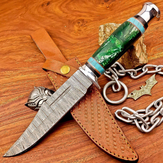 12 Inch Handmade Damascus Steel Bowie Knife with Resin Handle and Brass Bolster
