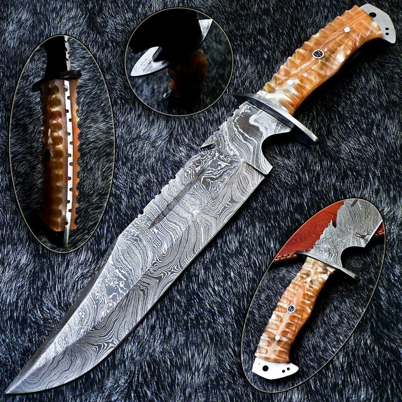 Handmade Damascus Steel Bowie Knife with Resin Handle and Mosaic Pin