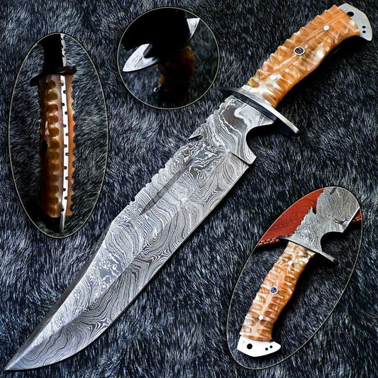 Handmade Damascus Steel Bowie Knife with Resin Handle and Mosaic Pin