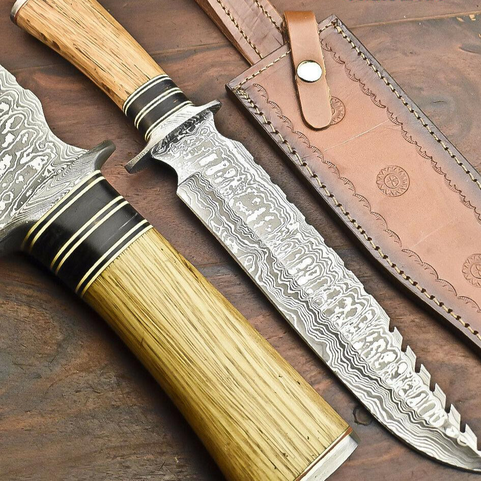 15.5" Handmade Damascus Steel Bowie Knife with Walnut Wood Handle
