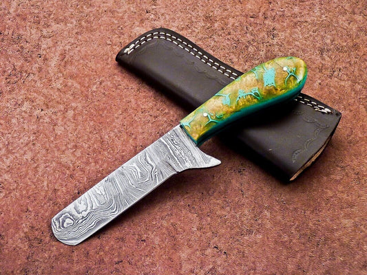 Handmade Damascus Steel Bull Cutter Knife Custom Cowboy Bull Cutter Knife with Resin Handle