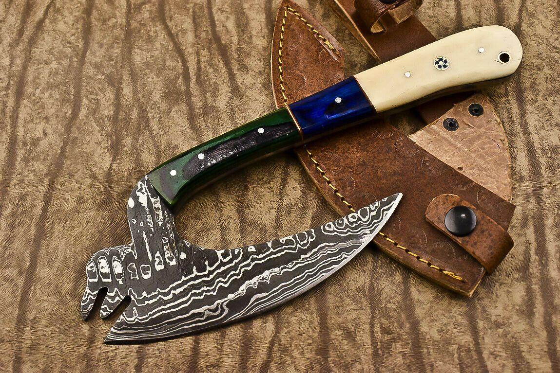 Handmade Damascus Steel Camel Bone Clever Chopper Axe Knife with Leather Sheath