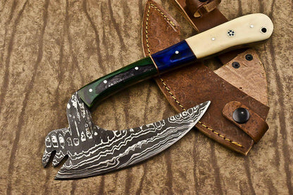 Handmade Damascus Steel Camel Bone Clever Chopper Axe Knife with Leather Sheath