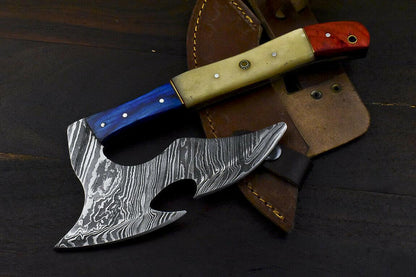 Handmade Damascus Steel Camel Bone Hunting Clever Chopper Axe Knife with Leather Sheath