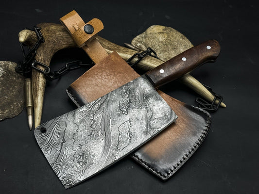 Handmade Damascus Steel Chef Cleaver – Full Tang EDC Kitchen Knife with Wood Handle & Sheath