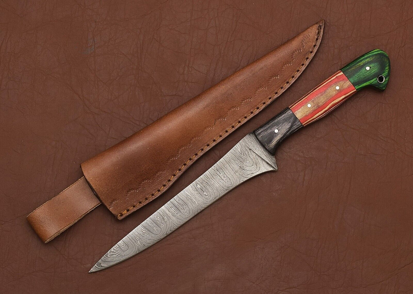 Handmade Damascus Steel Chef & Fillet Knife 8" Blade Pakka Wood Handle 