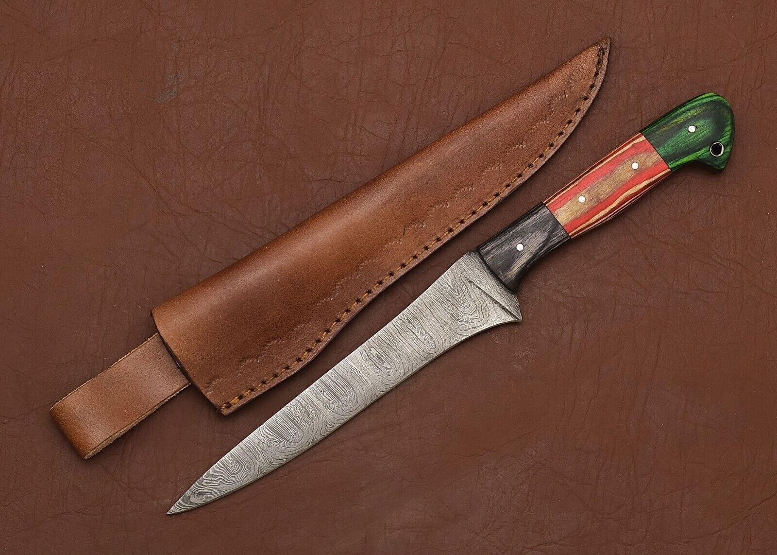 Handmade Damascus Steel Chef & Fillet Knife 8" Blade Pakka Wood Handle 
