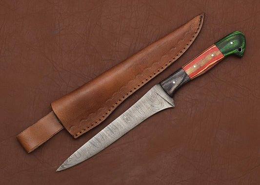 Handmade Damascus Steel Chef & Fillet Knife 8" Blade Pakka Wood Handle 