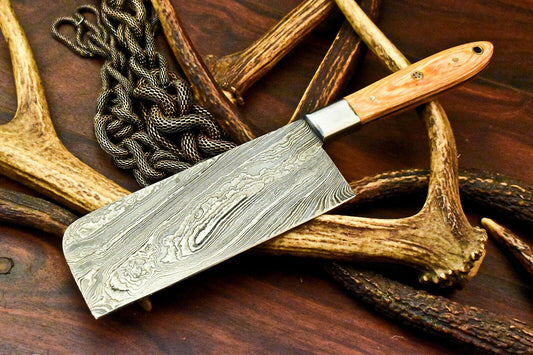 Handmade Damascus Steel Chef Kitchen Full Tang Chopper Knife | Olive Wood Handle