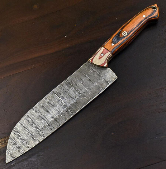 Handmade Damascus Steel Chef Knife 12.2" Full Tang Kitchen Knife with Wood Handle