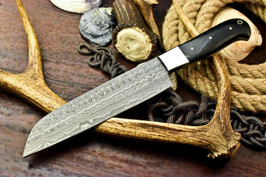 Handmade Damascus Steel Chef Knife | 12.5" Full Tang with Bull Horn & Hard Wood Handle