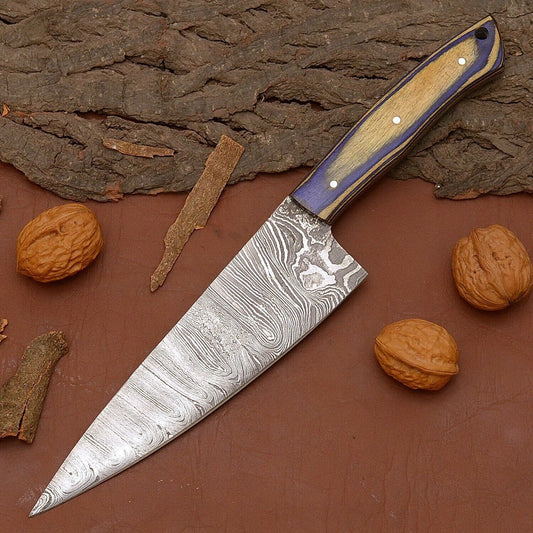 Handmade Damascus Steel Chef Knife | 12" Full Tang Kitchen Knife with Wood Handle & Leather Sheath