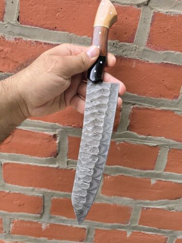 Handmade Damascus Steel Chef Knife – 12" Kitchen Knife with Olive, Rose Wood & Bull Horn Handle