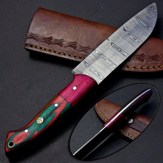 Handmade Damascus Steel Chef Knife | 9" Multipurpose Kitchen Knife Multi-Color Wood Handle