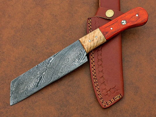  Handmade Damascus Steel Chef Knife – BBQ Special with Natural Wood Handle & Leather Sheath