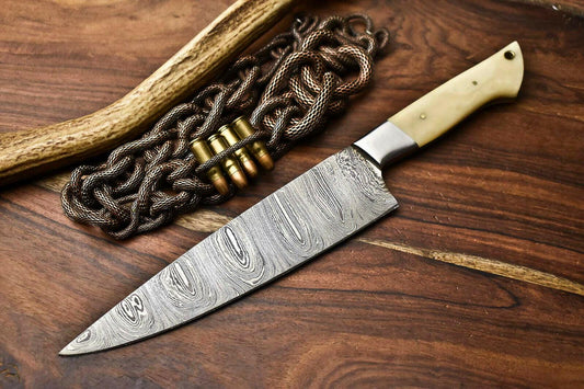 Handmade Damascus Steel Chef Knife  Full Tang Kitchen Knife with Bone Handle