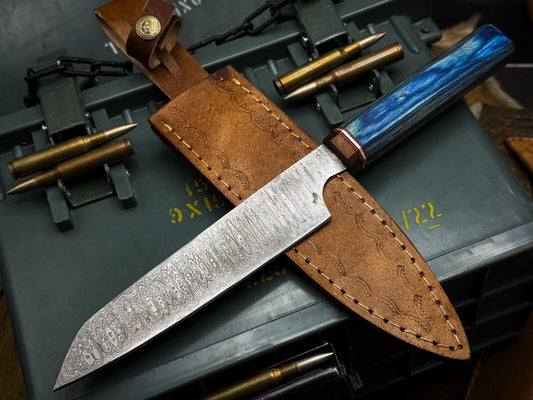 Handmade Damascus Steel Chef Knife – Kitchen Cutting Knife with Wood Handle & Leather Sheath

