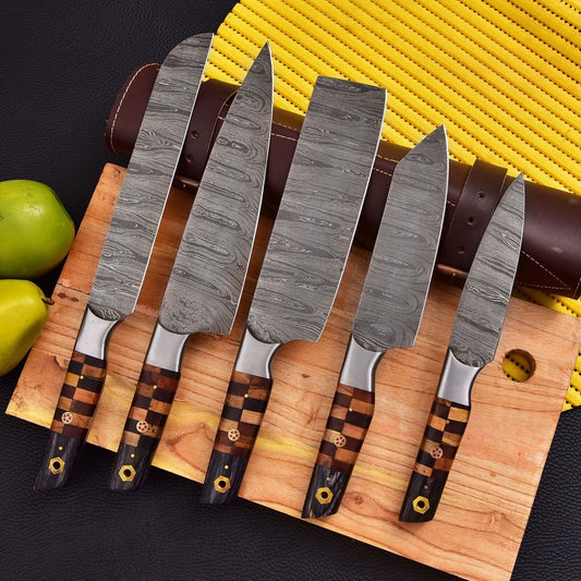 Handmade Damascus Steel Chef Knife Set | 5-Piece Kitchen Knives with Wood Handles & Leather Sheath