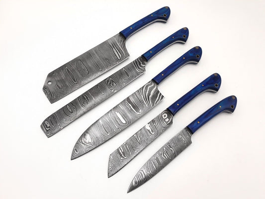 Handmade Damascus Steel Chef Knife Set with Bag, Forged Kitchen Knife Set