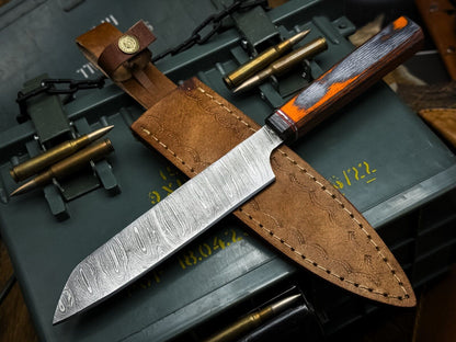 Handmade Damascus Steel Chef Knife | Wood Handle, Leather Sheath | Full Tang Kitchen Knife