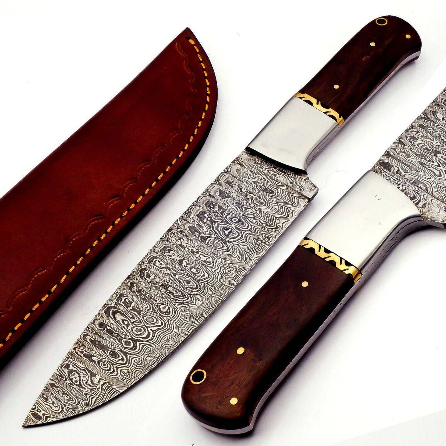 Handmade Damascus Steel Chef Knife with Rose Wood Handle and Leather Sheath
