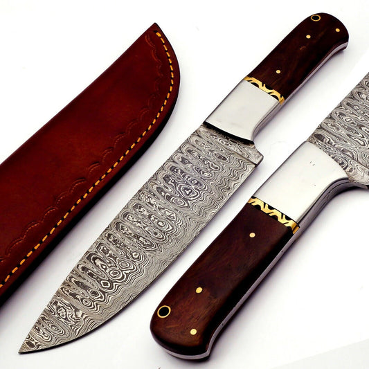 Handmade Damascus Steel Chef Knife with Rose Wood Handle and Leather Sheath