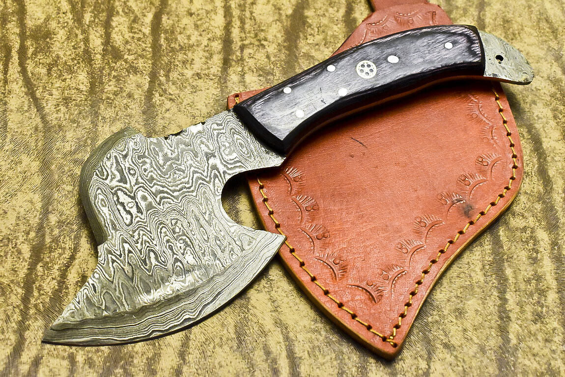 Handmade Damascus Steel Cleaver Chopper Axe Knife with Hardwood Handle and Leather Sheath