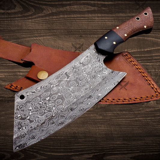 Handmade Damascus Steel Cleaver Chopper Chef Kitchen Knife with Rosewood Handle & Leather Sheath
