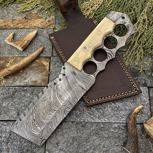 Handmade Damascus Steel Cleaver Hunting Knife with Camel Bone Handle and Leather Sheath