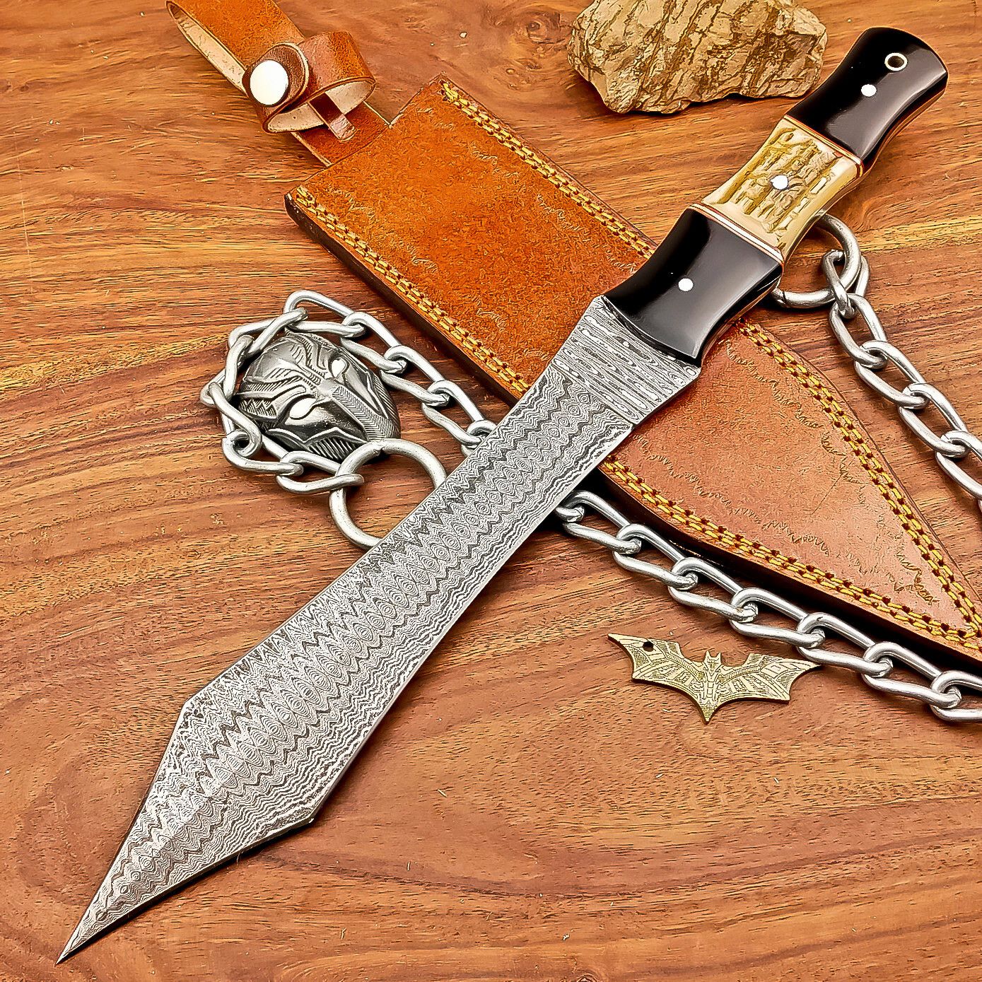  Handmade Damascus Steel Dagger Hunting Knife with Resin Stag Handle and Leather Sheath