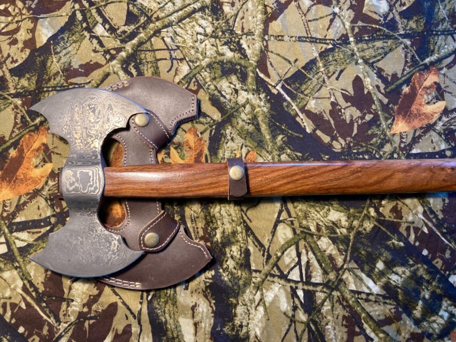 Handmade Damascus Steel Double Edge Battle Axe with Natural Wood Handle and Leather Sheath