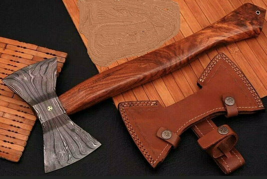 Handmade Damascus Steel Double Head Tomahawk Axe with Rosewood Handle and Leather Sheath