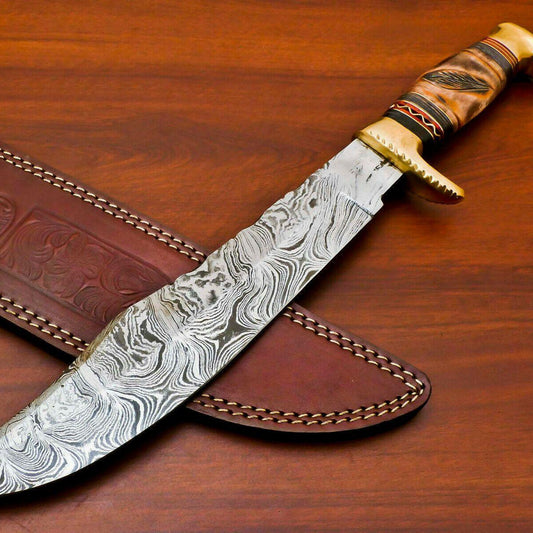 Handmade Damascus Steel Engraved Bowie Hunting Knife | Burn Camel Bone & Pakka Wood Handle