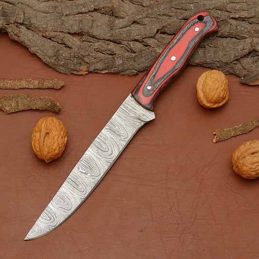  Handmade Damascus Steel Fillet Chef Knife | 12" Kitchen Knife with Wood Handle & Leather Sheath