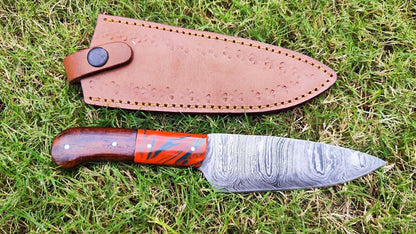 Handmade Damascus Steel Fillet & Chef Knife 7" Blade | Wood Handle + Sheath