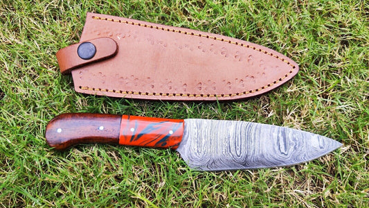 Handmade Damascus Steel Fillet & Chef Knife 7" Blade | Wood Handle + Sheath