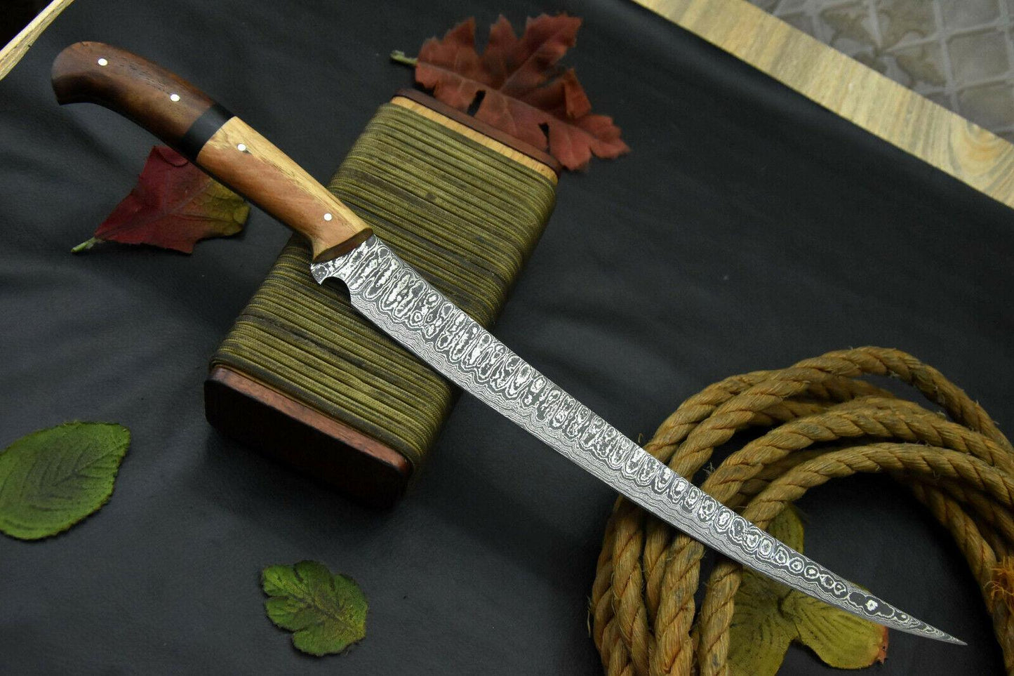 Handmade Damascus Steel Fillet Knife Damascus Fillet Knife with Olive & Walnut Handle