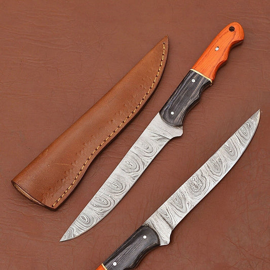  Handmade Damascus Steel Fillet Knife – Kitchen Chef Knife with Wood Handle & Leather Sheath