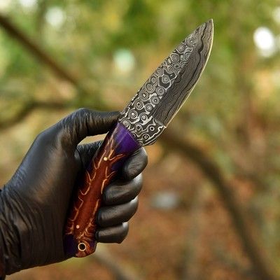 Handmade Damascus Steel Fixed Blade Hunting Knife – Tactical Skinner Knife with PineCone Handle & Rain Pattern Blade

