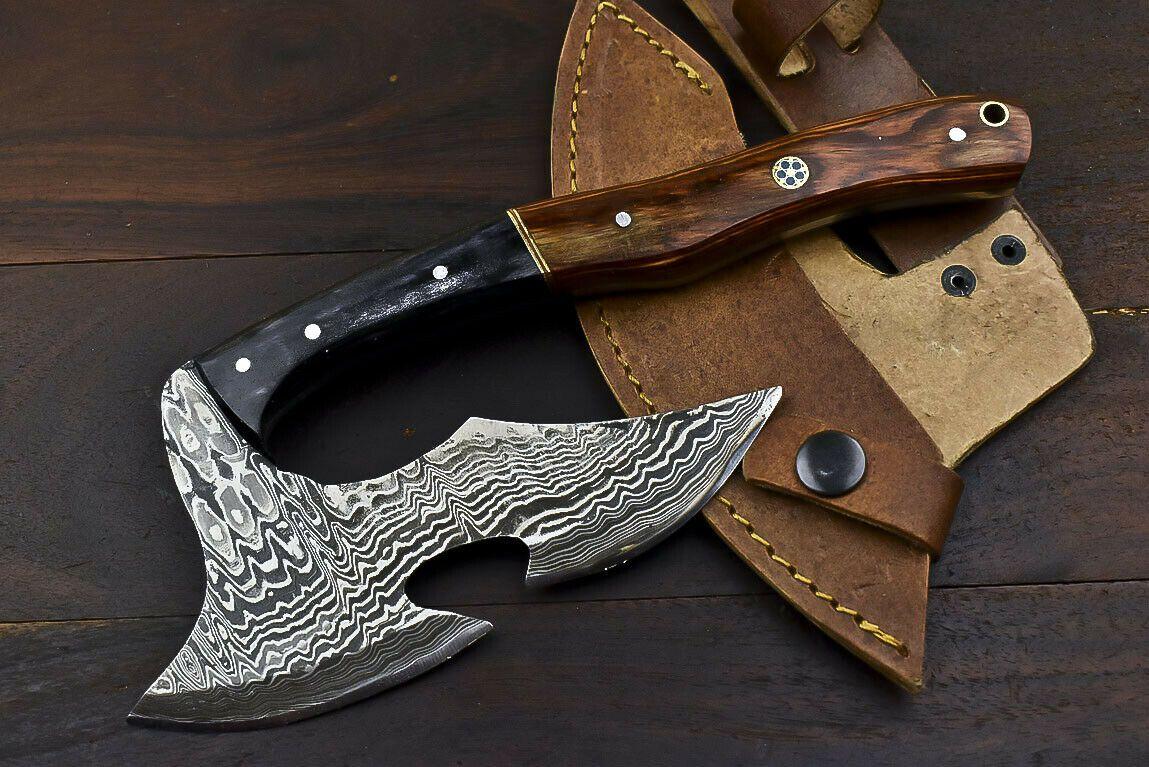 Handmade Damascus Steel Hard Wood Clever Chopper Axe Knife with Leather Sheath