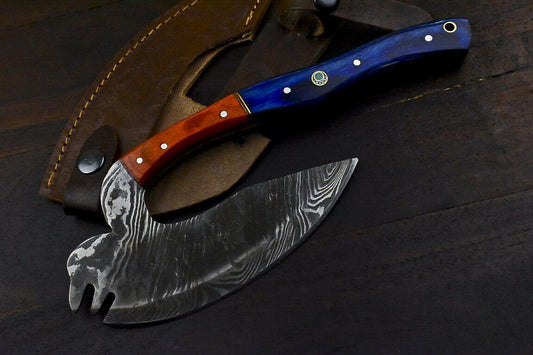 Handmade Damascus Steel Hard Wood Hunting Clever Chopper Axe Knife with Leather Sheath