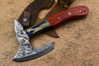 Handmade Damascus Steel Hardwood Clever Chopper Axe Knife with Leather Sheath