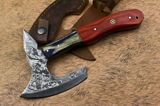 Handmade Damascus Steel Hardwood Clever Chopper Axe Knife with Leather Sheath