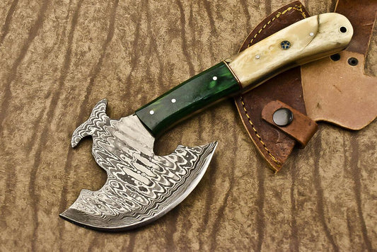 Handmade Damascus Steel Hunting Axe Knife Camel Bone Handle Clever Chopper with Leather Sheath