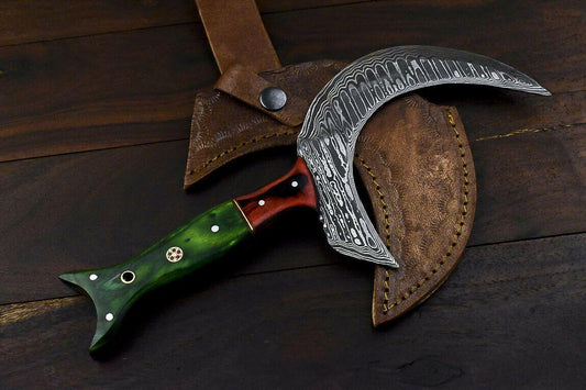 Rare Handmade Damascus Steel Hunting Axe Knife Hard Wood Handle Clever Chopper with Leather Sheath