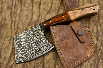Handmade Damascus Steel Hunting Axe Knife Olive Wood Handle Clever Chopper with Leather Sheath
