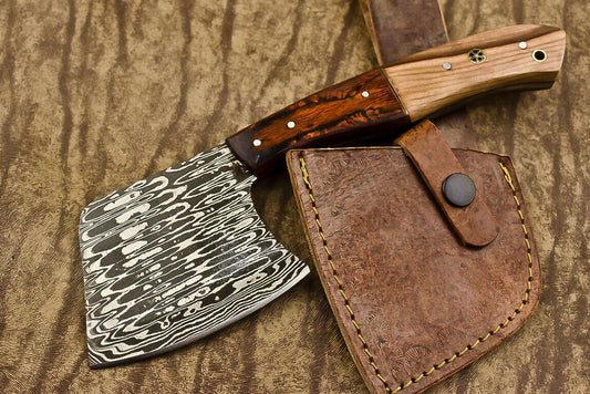 Handmade Damascus Steel Hunting Axe Knife Olive Wood Handle Clever Chopper with Leather Sheath