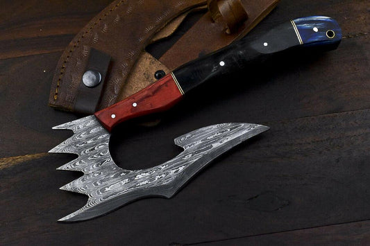 Handmade Damascus Steel Hunting Axe Knife Ram's Horn Handle Clever Chopper with Leather Sheath