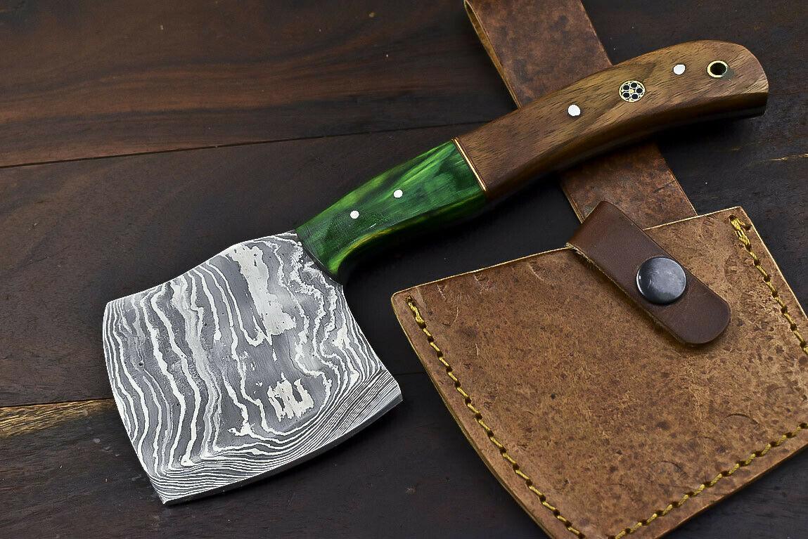 Handmade Damascus Steel Hunting Axe Knife Walnut Wood Handle Clever Chopper with Leather Sheath