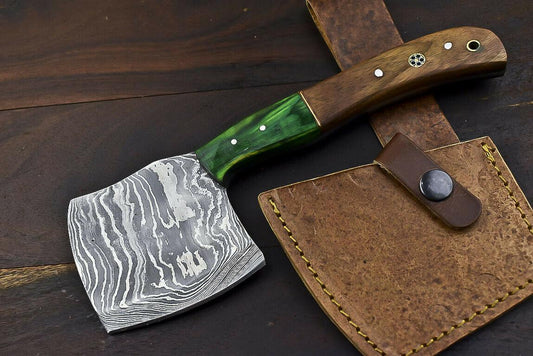Handmade Damascus Steel Hunting Axe Knife Walnut Wood Handle Clever Chopper with Leather Sheath